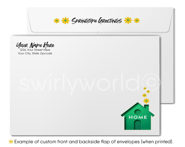 Beautiful springtime green house with daisy flowers coming out of chimney happy Spring greeting cards for Realtor® real estate marketing.