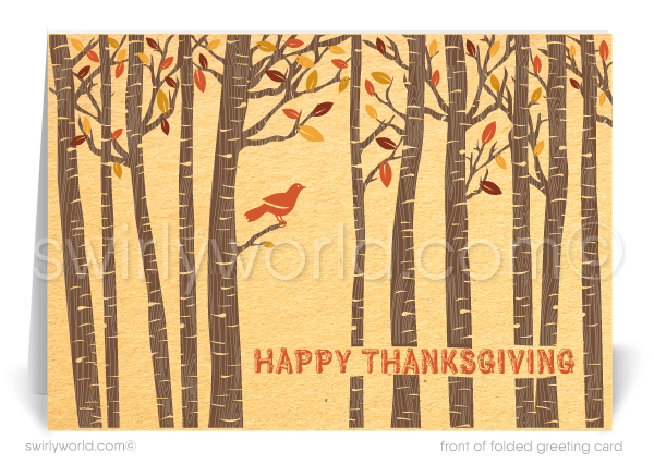Mid-century retro modern rustic bird fall foliage autumn happy Thanksgiving cards for business customers.