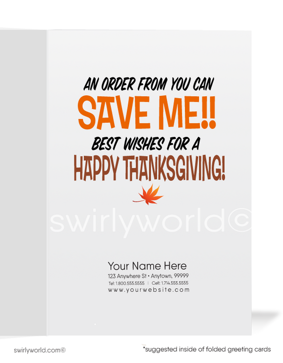 Funny Scared Turkey Business Happy Thanksgiving Cards for Clients. HELP save me Turkey. Harrison Greeting Cards. Harrison Publishing CompanyCharming Cartoon Turkey: Business Thanksgiving Cards with Humorous Appeal for Your Clients