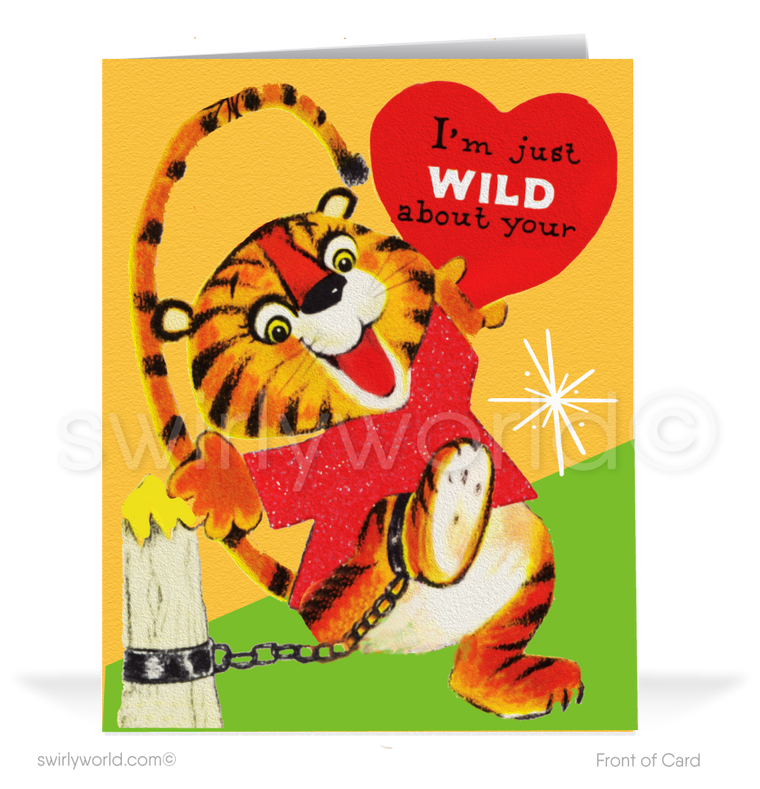 Charming 1940s-1950s Vintage-Inspired Valentine's Day Cards: Cute Tiger with Hearts