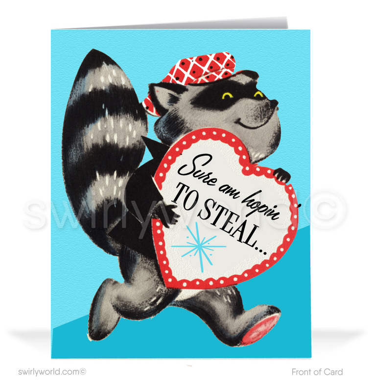 Charming 1940s-1950s Vintage-Inspired Valentine's Day Cards: Retro Racoon with Heart