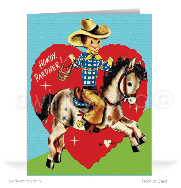 Charming 1940s-1950s Vintage-Inspired Valentine's Day Cards: Retro Cowboy on Horse