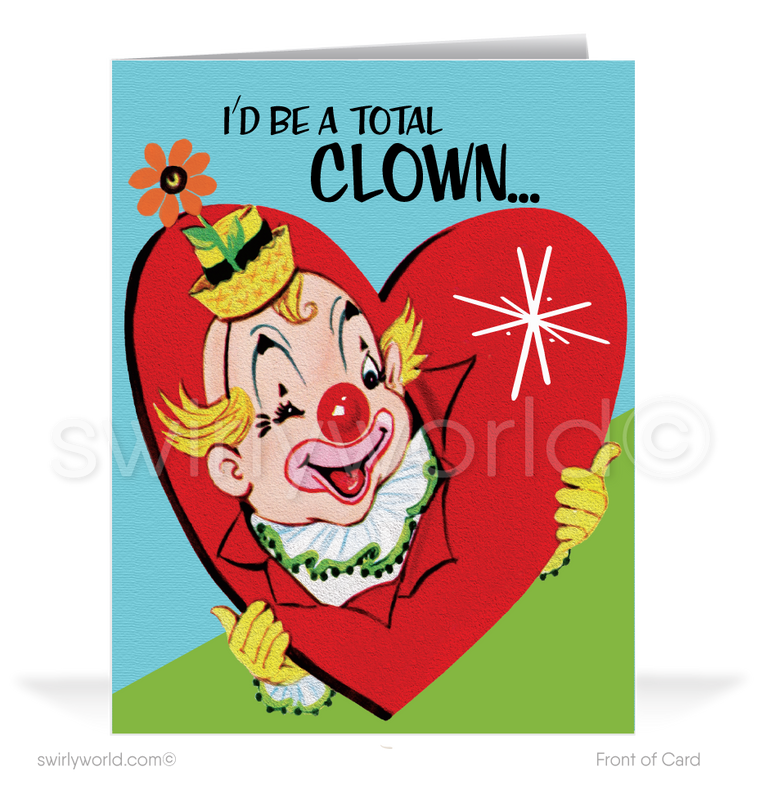 Charming 1940s-1950s Vintage-Inspired Valentine's Day Cards: Retro Clown with Hearts