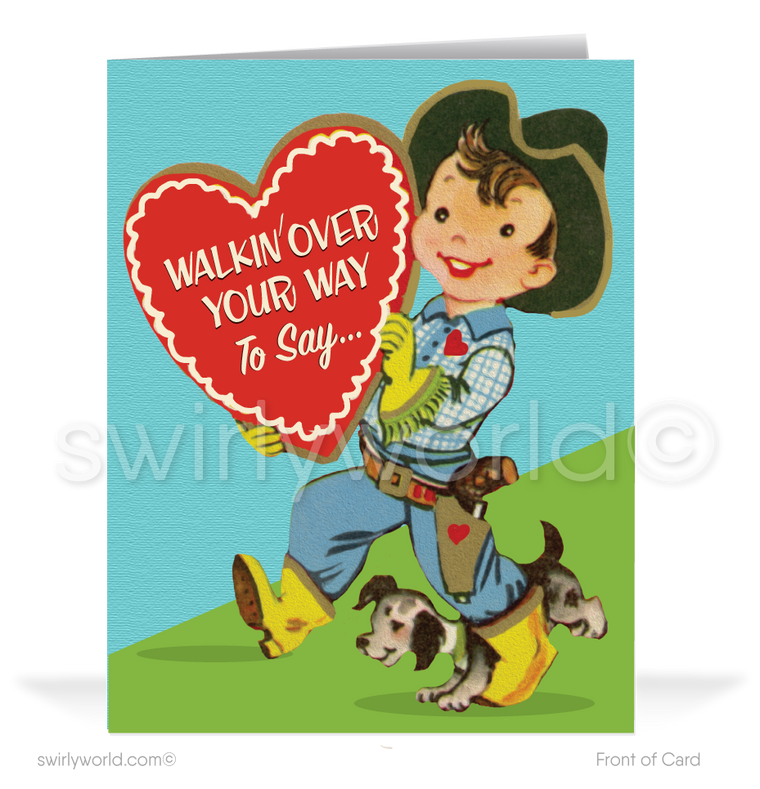 Charming 1940s-1950s Vintage-Inspired Valentine's Day Cards: Retro Western Cowboy with Hearts