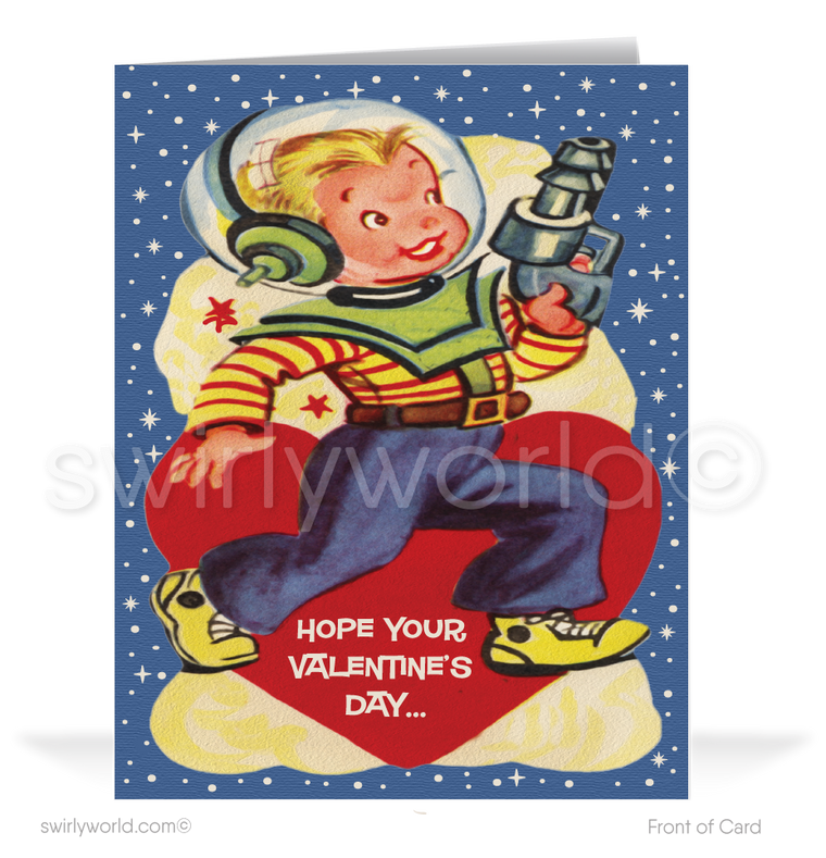 Charming 1940s-1950s Vintage-Inspired Valentine's Day Cards: Retro Spaceman with Hearts