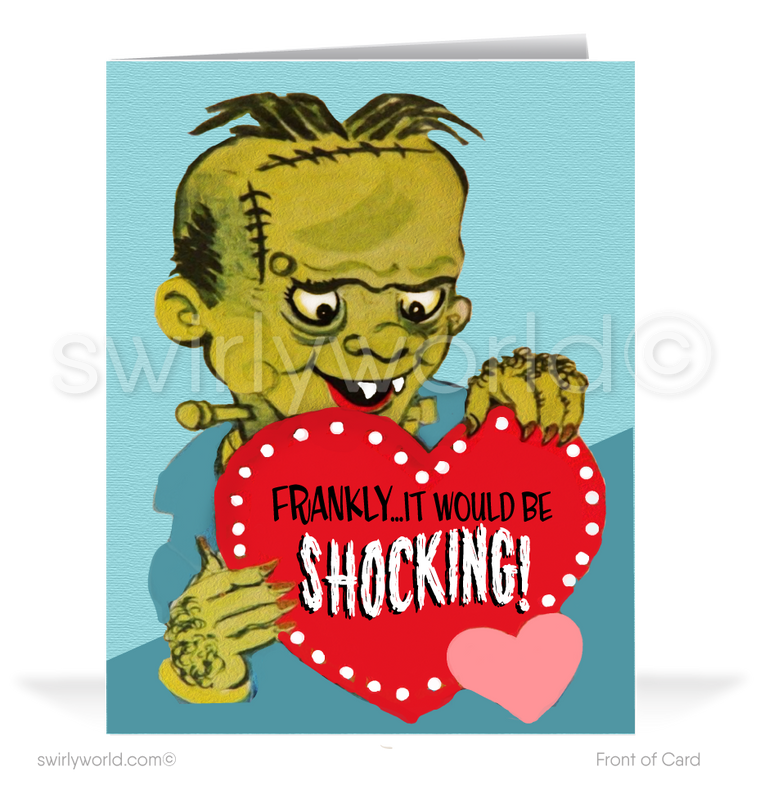 Charming 1940s-1950s Vintage-Inspired Valentine's Day Cards: Frankenstein Monster with Hearts