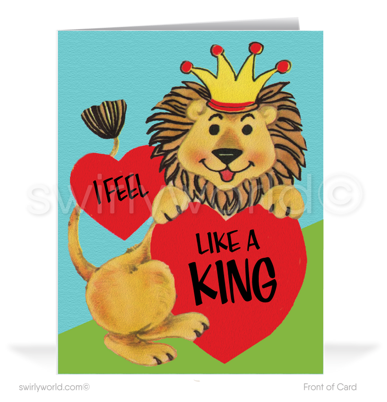 Charming 1940s-1950s Vintage-Inspired Valentine's Day Cards: Cute Lion with Hearts