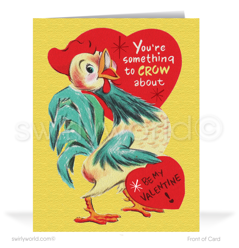 Charming 1940s-1950s Vintage-Inspired Valentine's Day Cards: Retro Rooster with Hearts