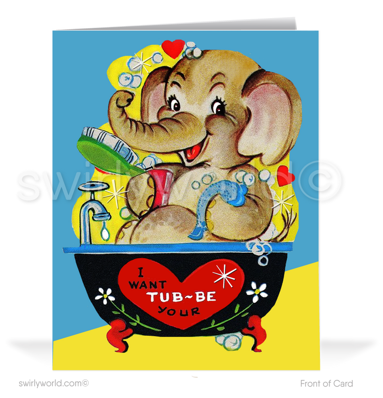 Charming 1940s-1950s Vintage-Inspired Valentine's Day Cards: Baby Elephant in Bathtub