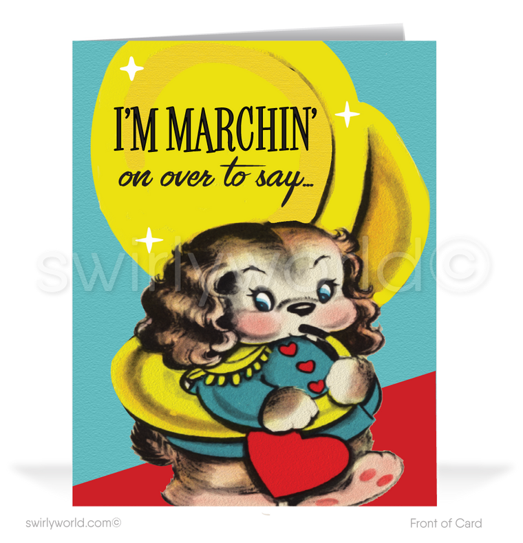 Charming 1940s-1950s Vintage-Inspired Valentine's Day Cards: Retro Puppy Playing Tuba