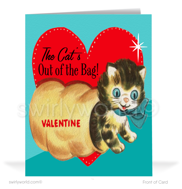 Charming 1940s-1950s Vintage-Inspired Valentine's Day Cards: Kitty Cat in Bag With Hearts