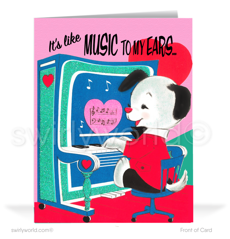 Charming 1940s-1950s Vintage-Inspired Valentine's Day Cards: Dog Playing Piano with Hearts