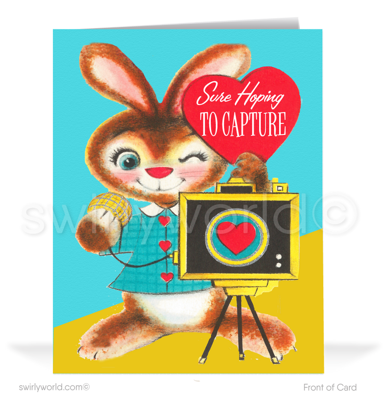 Charming 1940s-1950s Vintage-Inspired Valentine's Day Cards: Retro Bunny Rabbit with Hearts
