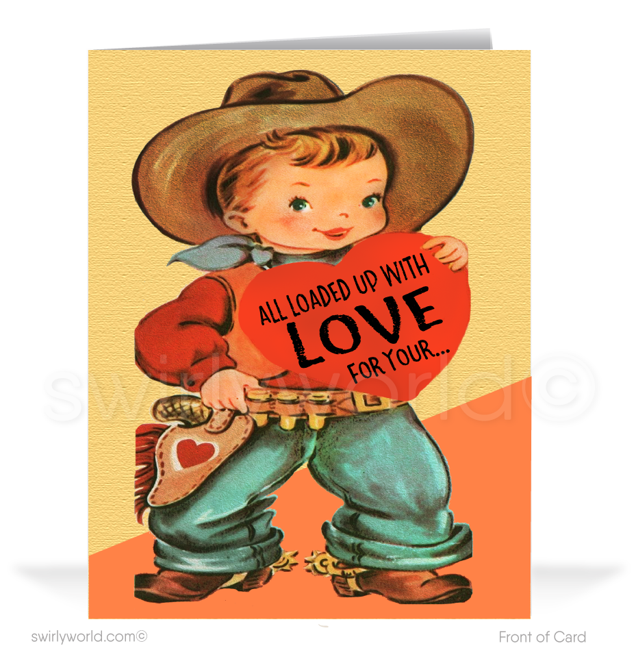 Retro mid-century western cute kitschy cowboy vintage 1950s Valentine's day cards.