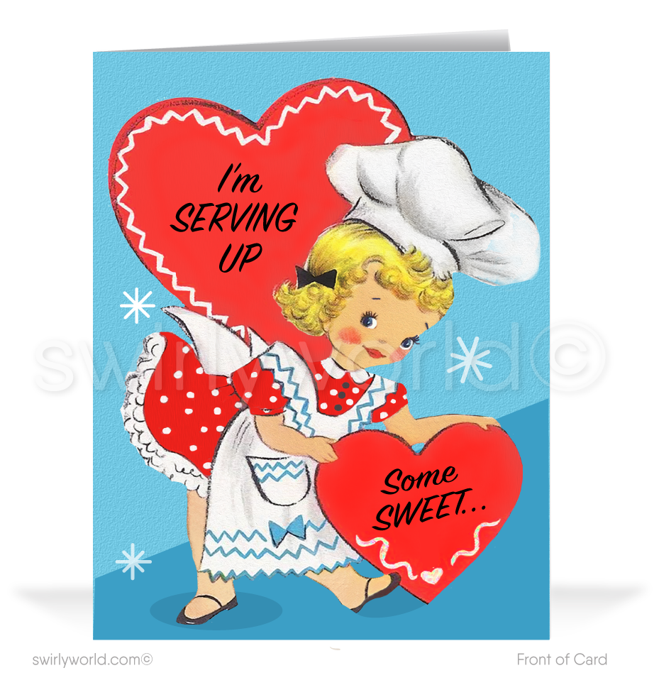 Retro mid-century vintage kitsch baker pastry chef Valentine's day greeting cards.