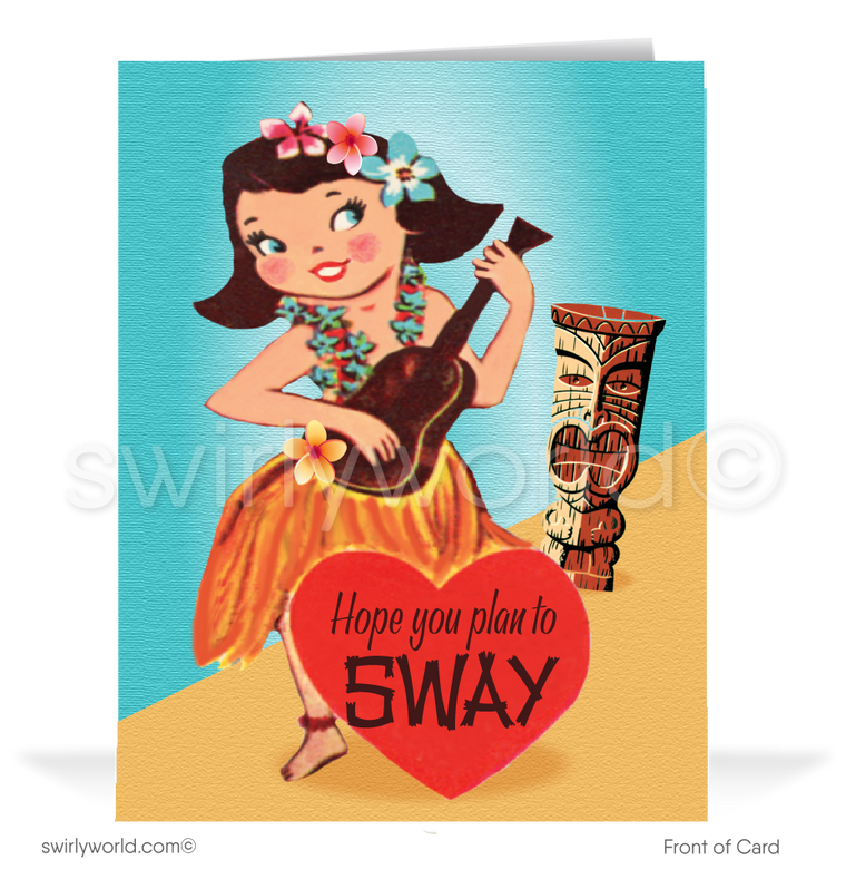 Retro mid-century modern vintage Hawaiian Hula girl happy Valentine's day cards.