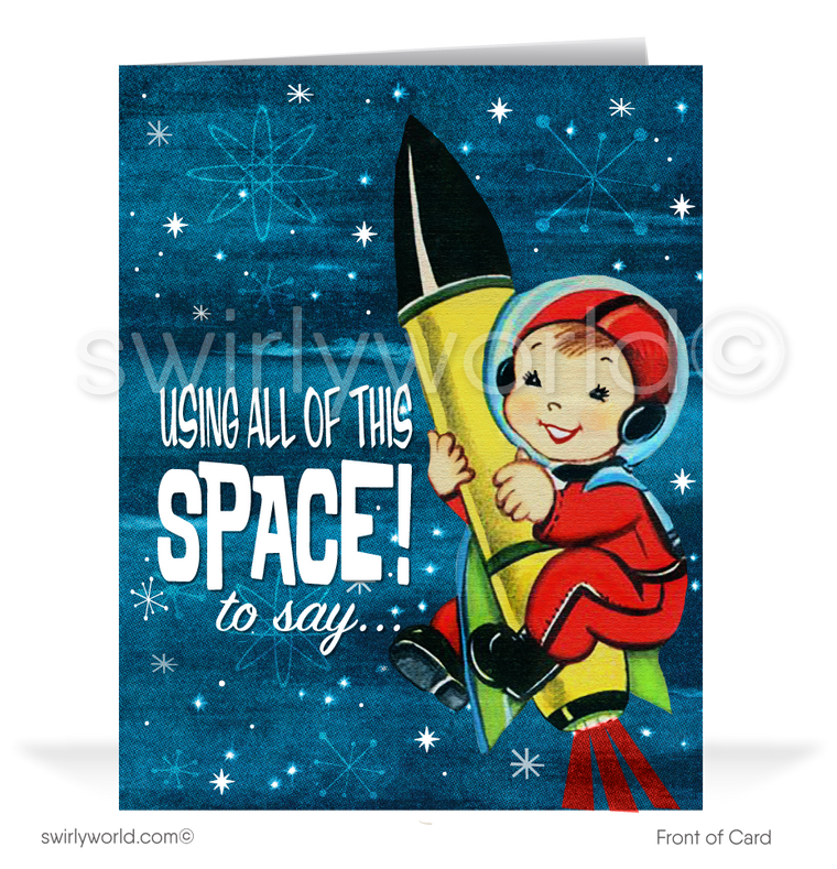 Retro mid-century starburst sputnik outer space astronaut 1950s vintage kitsch valentine's day cards.