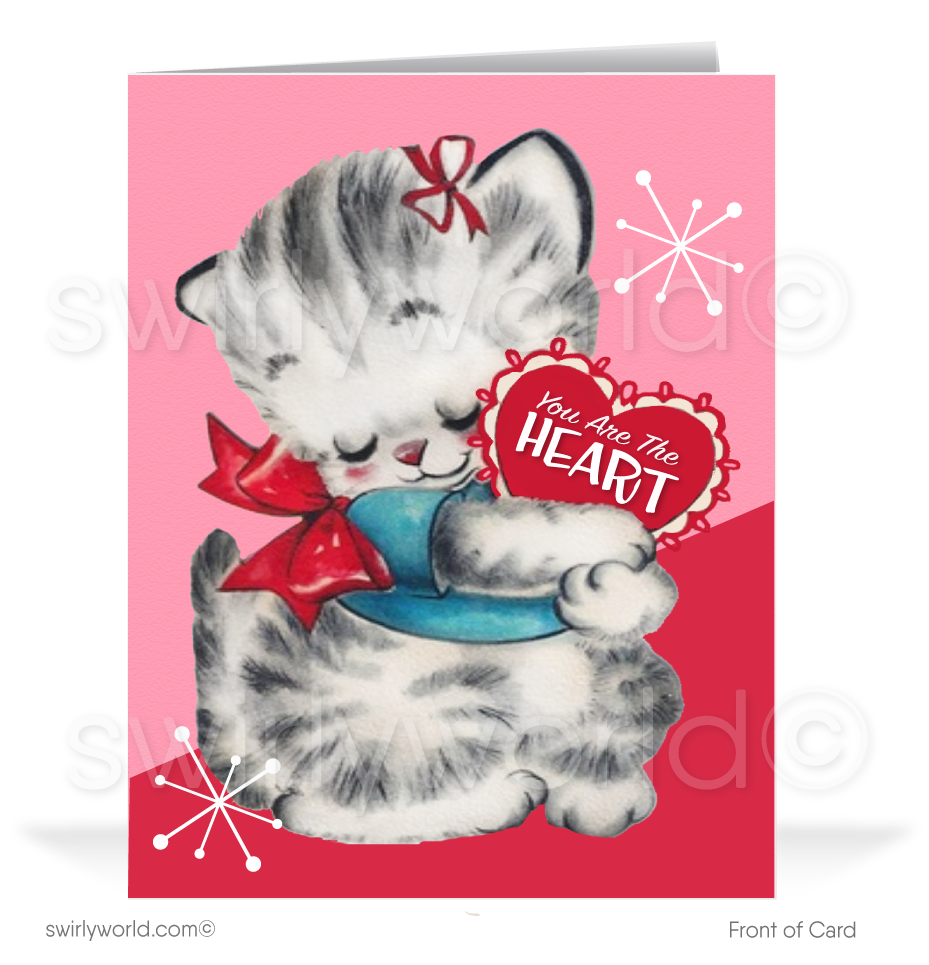 Retro mid-century modern vintage kitten with starbursts holding a Valentine's Day heart-shaped candy box.