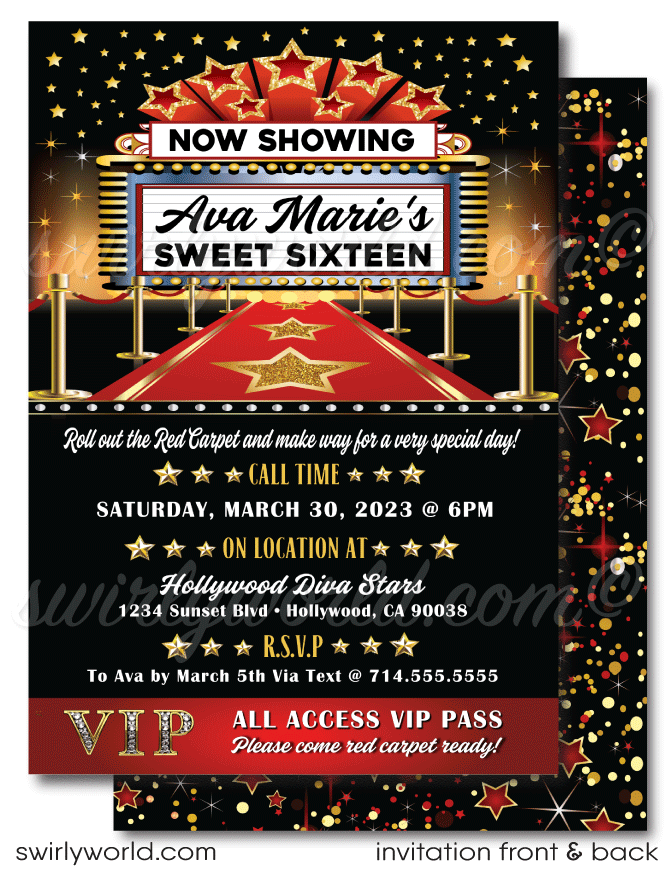 Roll out the red carpet and let the spotlight shine on your special celebration with our VIP "A Star is Born" Red Carpet Movie Star Themed Birthday Party Invitation Set. This glamorous design set is your all-access pass to a Hollywood-inspired event,