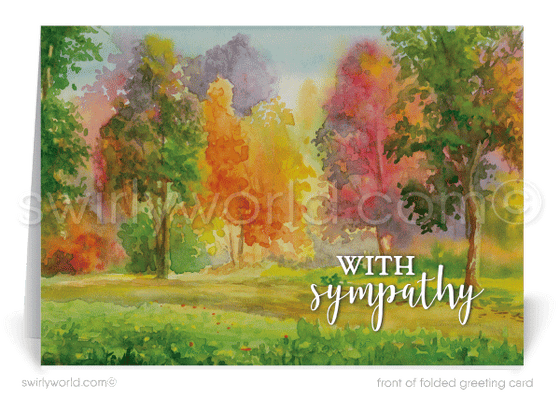 Beautiful watercolor landscape nature trees "With Sympathy" professional greeting cards for business.