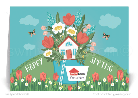 Beautiful springtime cute house in pot with flowers growing all around happy Spring greeting cards for Realtor® real estate marketing.