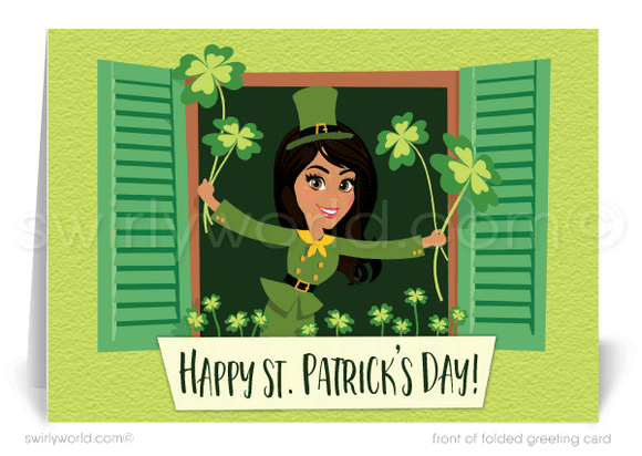 Cute St. Patty's Day Lady Woman Girl holding shamrocks coming out of a window St. Patrick's Day cards for Realtors.