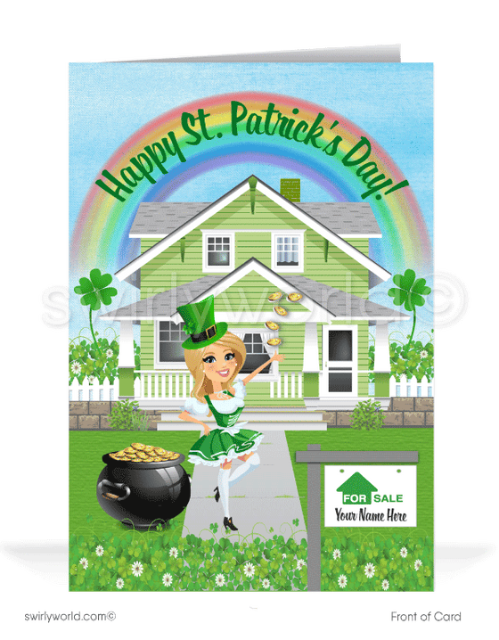 Realtor St. Patrick's Day Cards marketing for real estate agents. Lucky to have you as a client. Girl realtor dressed up as a cute leprechaun. Realtor® happy St. Patrick's Day greeting cards for business professionals; shamrocks, green house with rainbow and pot of gold. "Luck of the Irish."