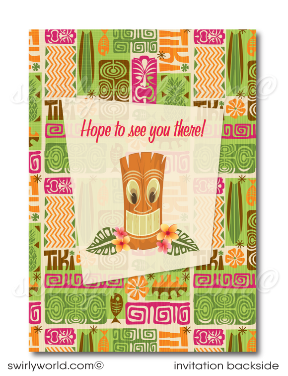 Retro cute kitschy Hawaiian hula girl tiki luau birthday party invitations; digital invitation, thank you, & envelope design.