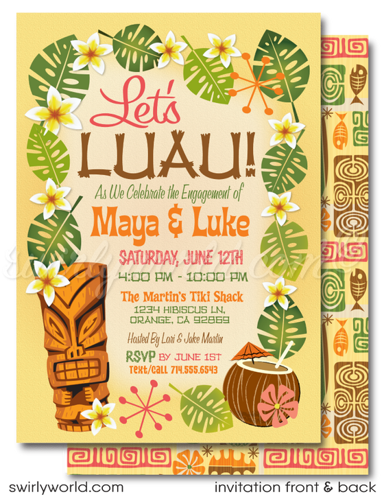 Retro 1960s mid-century modern Hawaiian tiki luau atomic engagement party invitations; digital invitation, thank you, & envelope design.