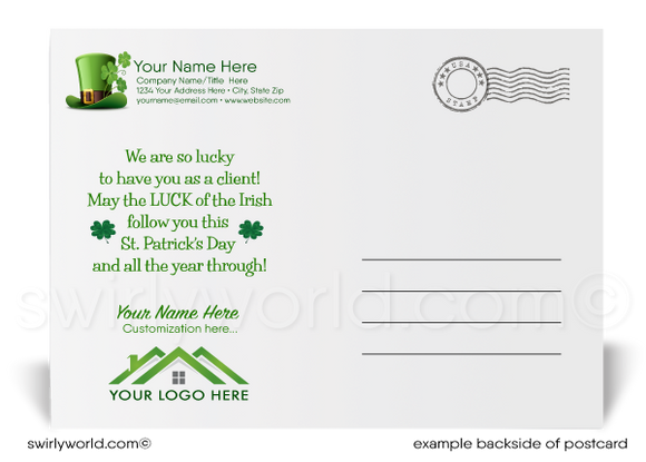 Lucky shamrocks Irish leprechaun with pot of gold and end of rainbow cute green house happy St. Patrick's Day postcards for Realtor® marketing.