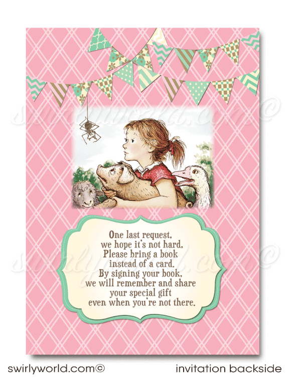 Vintage pink and mint green barnyard Charlotte's Web 1st first birthday invitations for girls; digital invitation and thank you card download bundle.