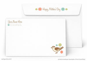 Mother's Day card with envelope featuring a bird illustration and 'Happy Mother's Day' text.