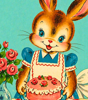 Vintage-style illustration of a bunny holding a cake with flowers on a blue background