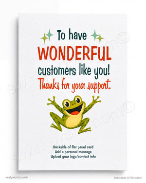 Card with a frog illustration and text expressing gratitude to customers on a white background
