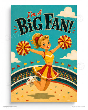 Vintage-style poster with a cheerleader holding pom-poms and 'I'm a Big Fan!' text on a blue background.