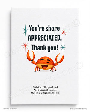 The image is a flat panel card with a crab illustration and text that reads "You're shore appreciated. Thank you!" The card is designed to convey a message of gratitude and appreciation.