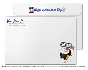 The image is a white envelope with a patriotic design featuring an eagle and fireworks, along with a "Happy Independence Day" message.