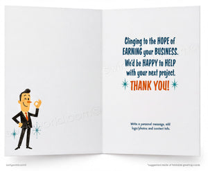 An open folding greeting card shown front and back on a white background. The left panel features a cartoon businessman in a suit making an OK gesture, while the right panel contains placeholder text for a thank-you message in blue and orange.