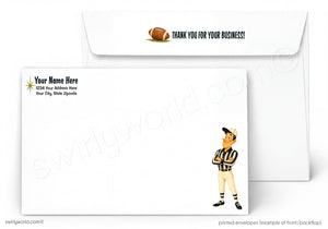 Custom printed football-themed envelopes shown on a white background, with one envelope in front displaying a football player illustration and text, and another envelope behind showing a football and thank-you message.