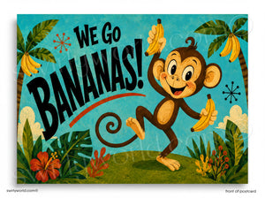 A cartoon monkey holding bananas and dancing in a tropical setting with palm trees, flowers, and a blue sky.