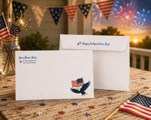 a patriotic scene with a white envelope and a white envelope adorned with an American flag design, both placed on a wooden table. In the background, there are fireworks lighting up the sky, creating a festive atmosphere.