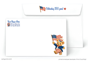 a white envelope with a cartoon bear holding an American flag and wearing a patriotic outfit. The envelope has a celebratory message that reads "Celebrating 250 years!" and includes a ribbon and a star. The envelope also has a space for the recipient's name and address, as well as a space for a printed envelope example of the front and back.
