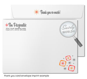 The image is a thank you card envelope with a magnifying glass and a magnifying glass icon. The envelope is addressed to "The Fitzgeralds" and includes a magnifying glass icon. The text on the envelope reads "Thank you so much!" and "Swirly WORLD". The image is a collage of various magnifying glass icons and star-like shapes.