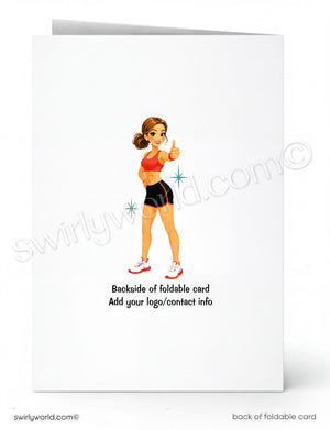 A folded greeting card shown front and back on a white background. The front features a cartoon illustration of a woman in athletic wear giving a thumbs-up, with placeholder text below.
