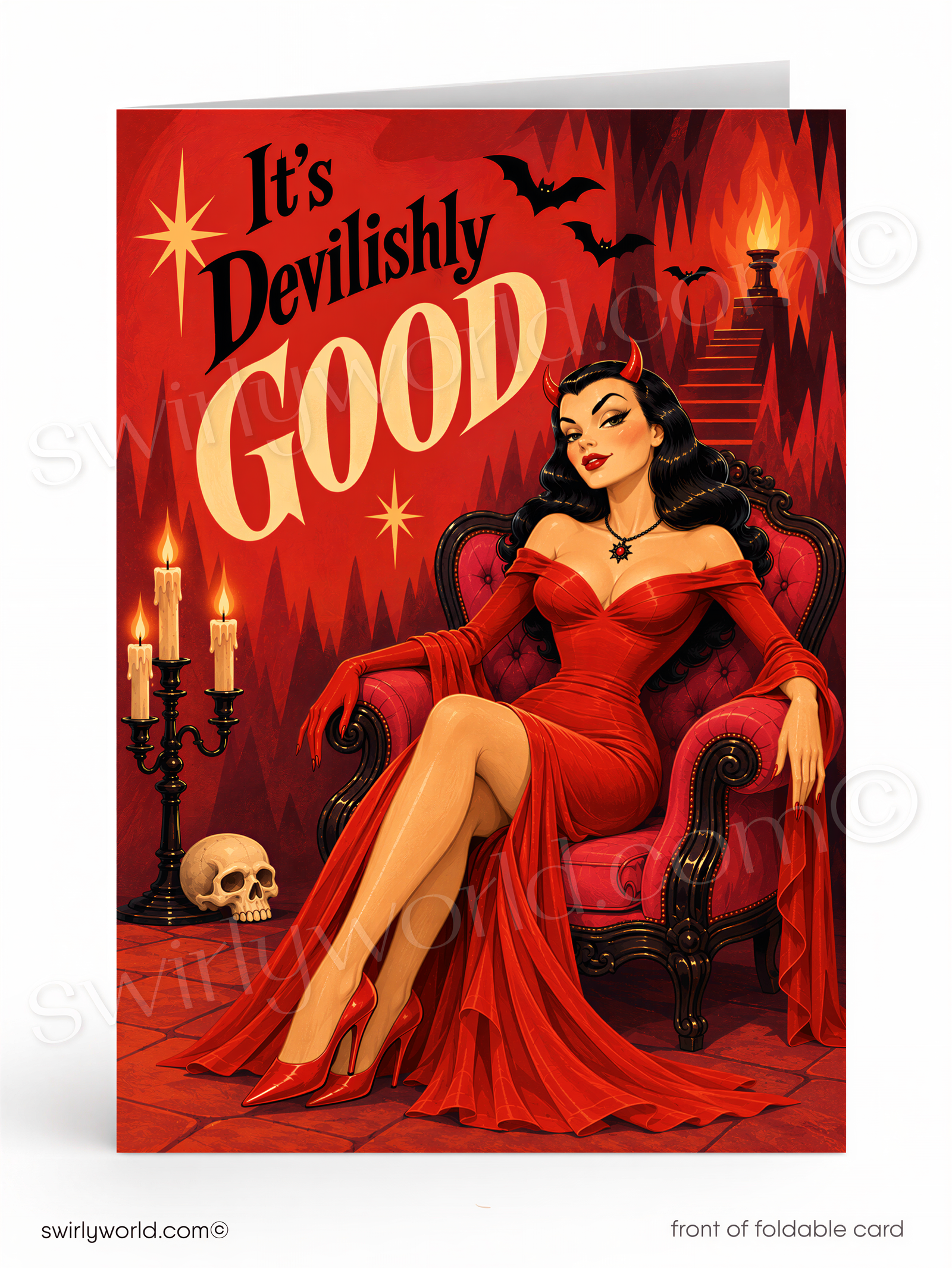 The image is a card featuring a woman in a red dress sitting in a chair, with a skull and candles in the background. The text on the card reads "It's Devilishly Good".