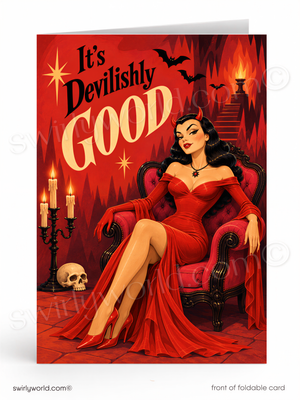 The image is a card featuring a woman in a red dress sitting in a chair, with a skull and candles in the background. The text on the card reads "It's Devilishly Good".