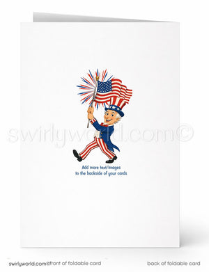 Greeting card with a cartoon character holding an American flag on a white background