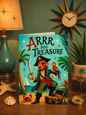 a pirate-themed book titled "Arrr Me Treasure" displayed on a table, surrounded by various decorative items such as a lamp, a clock, and a starburst wall decoration.