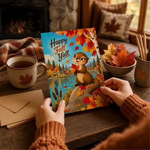 A person is holding a card with a cartoon squirrel on it, surrounded by autumn leaves and a cup of tea, with a cozy fireplace and fall-themed decor in the background.