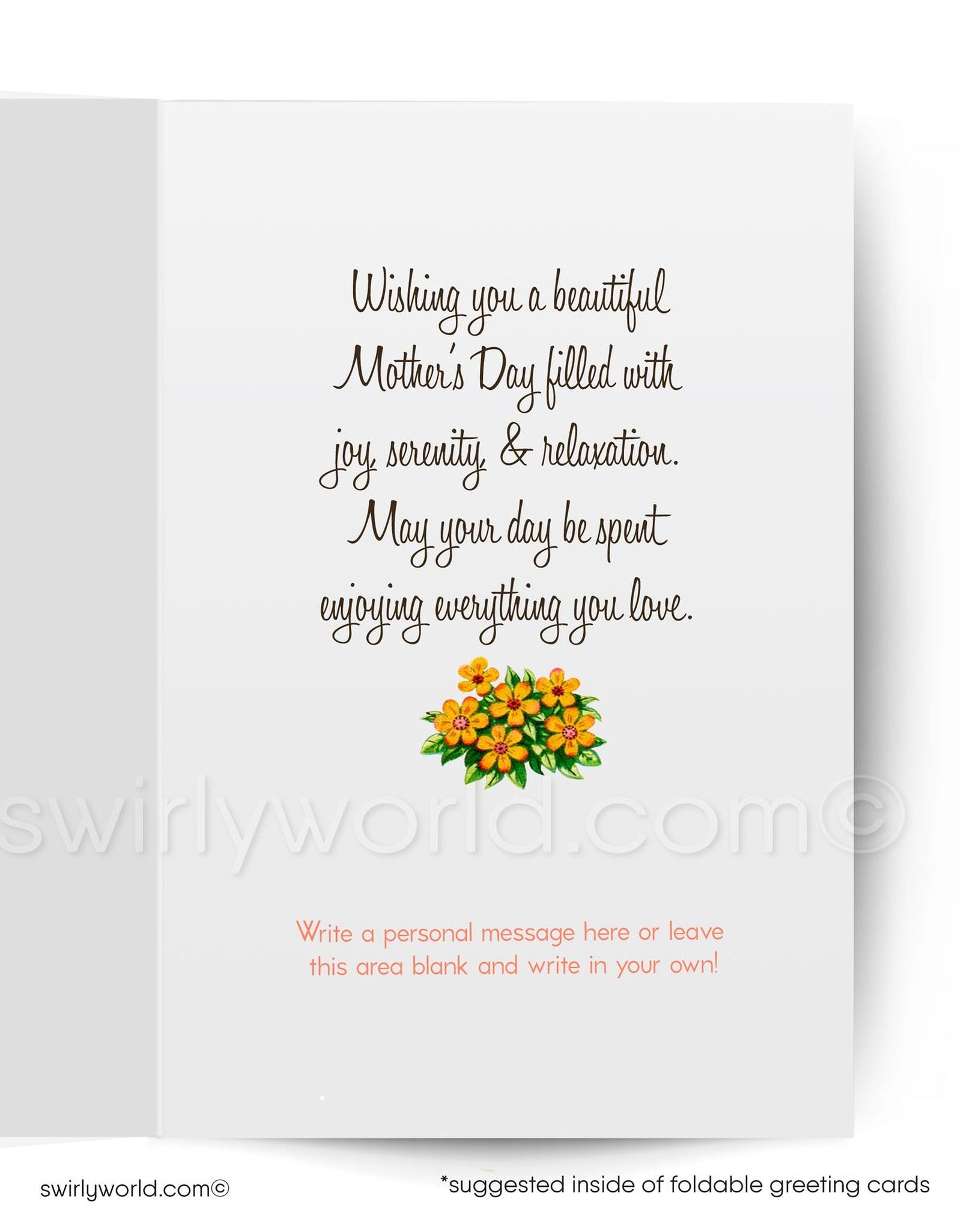 Vintage-style Mother's Day card with a girl holding a flower pot and text 'Happy Mother's Day' on a pink background.